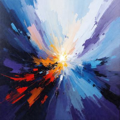 The primary subject of the image is a painting featuring a bright sun in the center, surrounded by a colorful and abstract background. The setting is a canvas, and the visual style is a mix of digital art and illustration. The dominant colors in the painting are orange, blue, and purple, creating a vibrant and lively atmosphere.